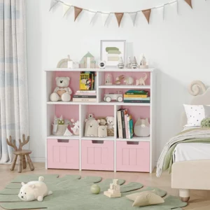 White/Pink Storage Cabinet with 3 Movable Drawers