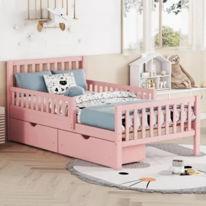 Kids Twin Bed with Guardrails, Bed Frame with 2 Drawers